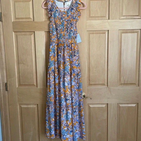 NWT Melloday Orange Tropical Smocked Bodice Ruffle Dress with Pockets in Size S - Picture 1 of 5